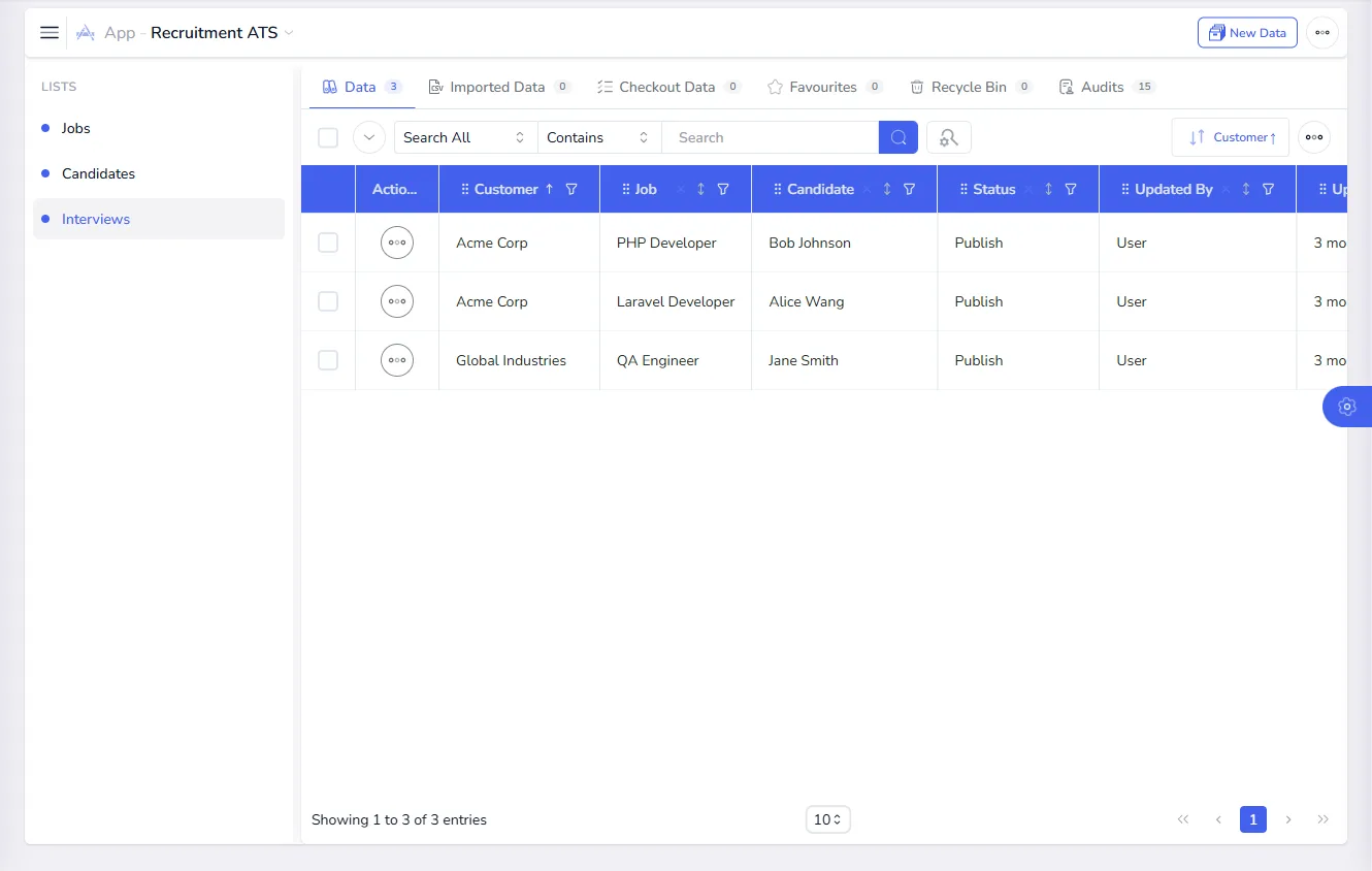 The Interviews list showing the customer, job and candidate for each interview
