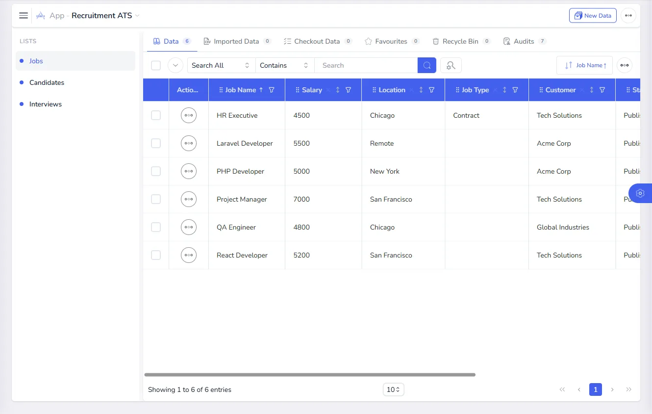 The Jobs list inside the Recruitment ATS app, showing job names, salaries, locations and customers