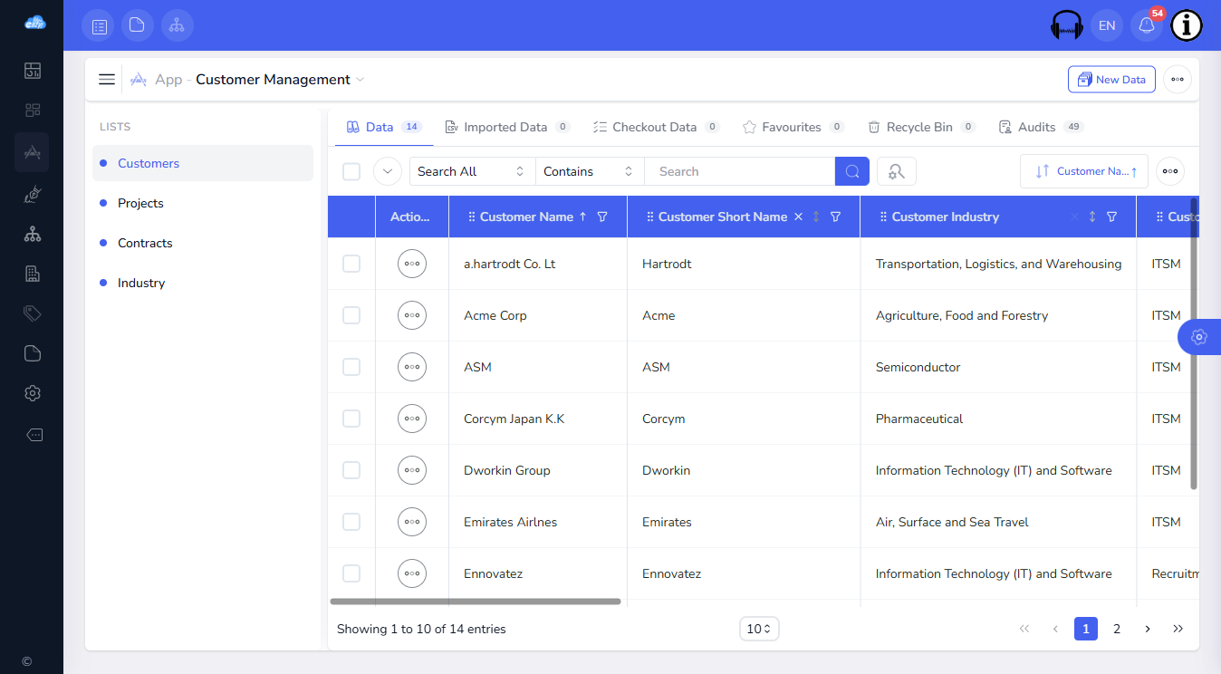 Customer Management app with its four lists on the left and customer records in a table