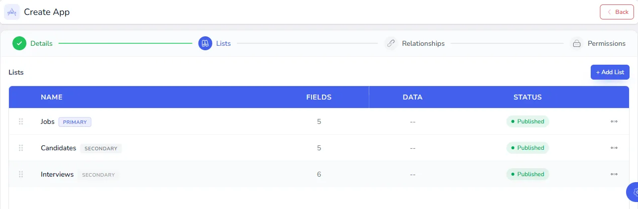 The Lists step with Jobs as the primary list and Candidates and Interviews as secondary lists