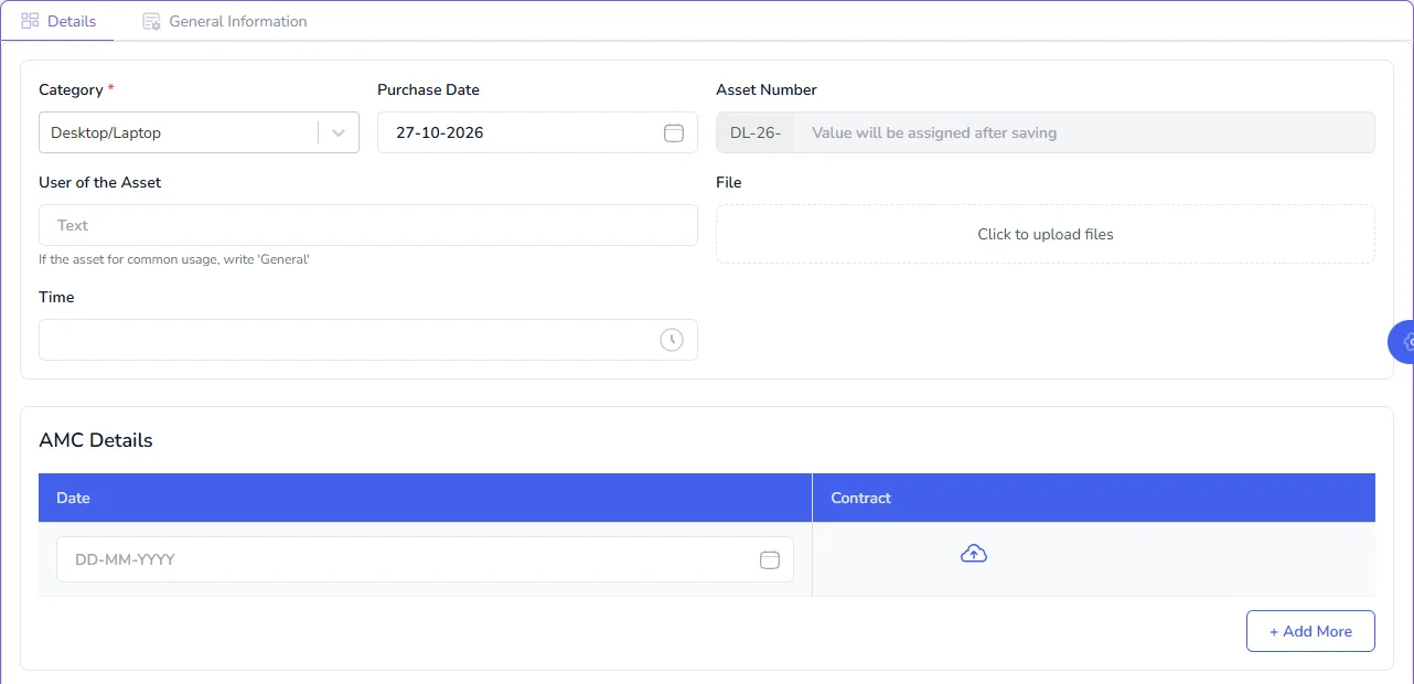 The Create Data form for an asset with Desktop/Laptop chosen and a purchase date, and the Asset Number showing DL-26- with the note that the value will be assigned after saving