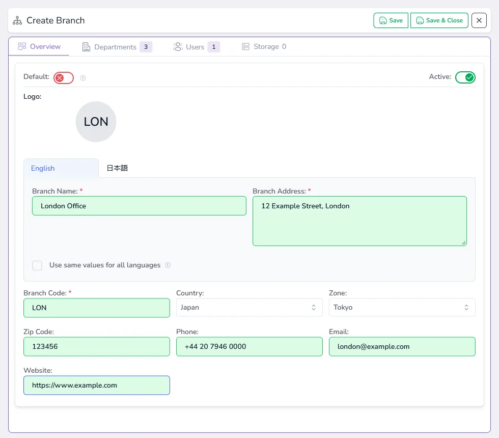 The Create Branch panel with branch name, address, code, country, zone, zip code, phone, email and website