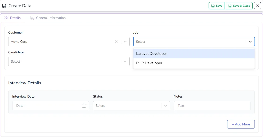 The Create Data form for an interview, with Acme Corp chosen as the customer and the Job drop-down showing only that customer's two jobs