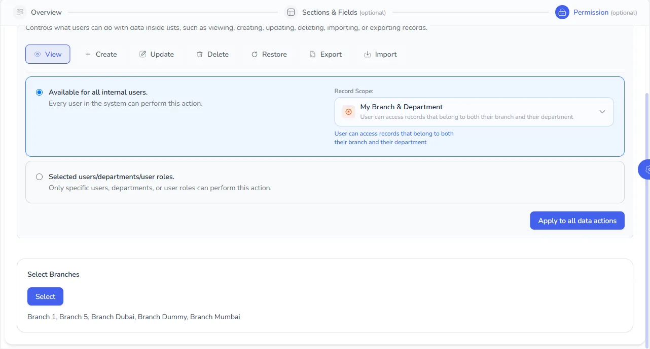 The Data Permission tab showing the record actions and a record scope of My Branch and Department