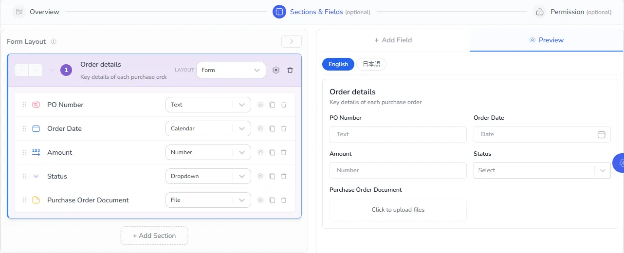 The form preview showing the Order details section with its fields laid out for data entry