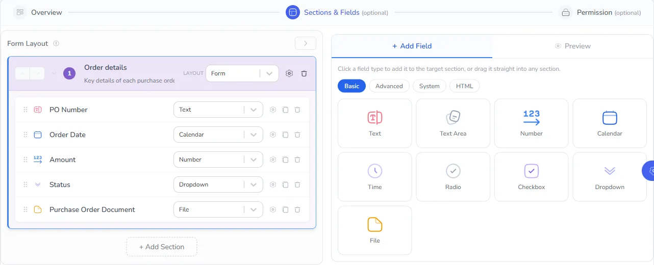 The Sections and Fields step with an Order details section containing PO Number, Order Date, Amount, Status and Purchase Order Document fields, and the field types panel on the right