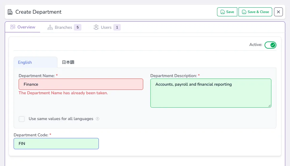 The Create Department panel with name, description and code