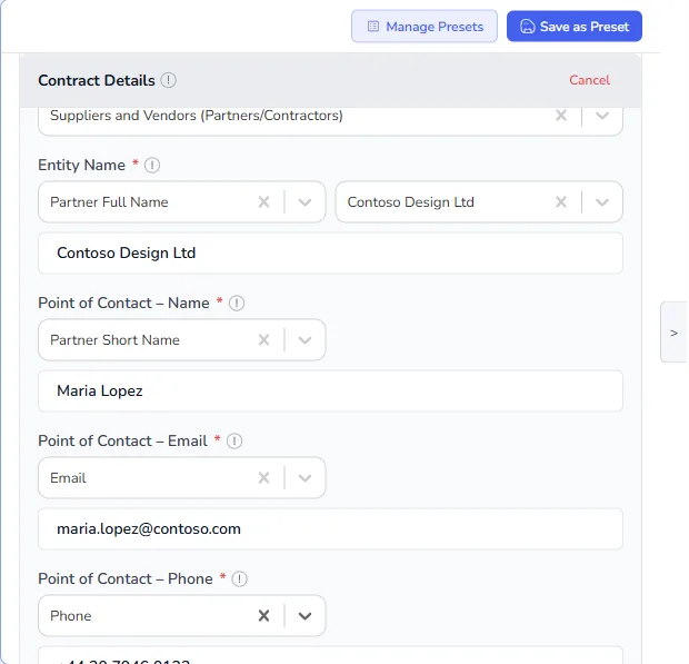 Contract Details filled from a list: the list, the entity name column and record, and the name, email and phone columns with their values filled in