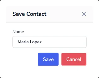 The Save Contact window with the signer's name and Save and Cancel buttons