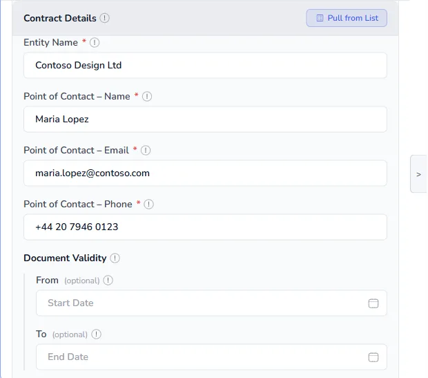 Contract Details filled in from a saved contact: Contoso Design Ltd, Maria Lopez, her email and phone
