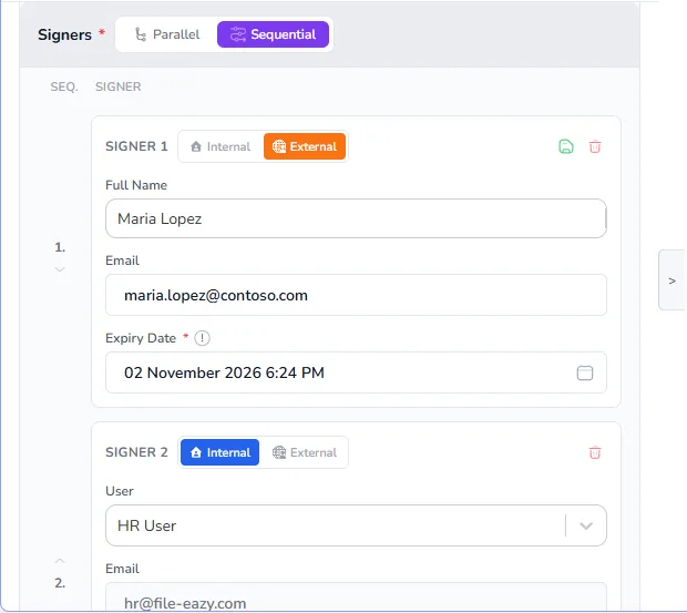 The Signers section filled in from a saved contact: Maria Lopez as an external signer and HR User as an internal signer, with new expiry dates