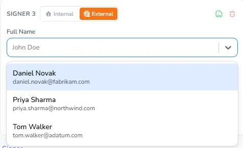 The Full Name list of an external signer showing three saved signers, each with a name and email address