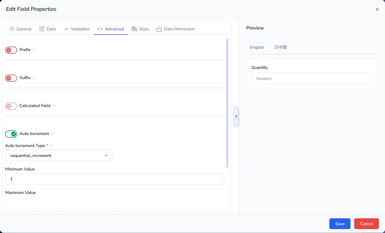 The Auto Increment options with the type, minimum value and the other settings
