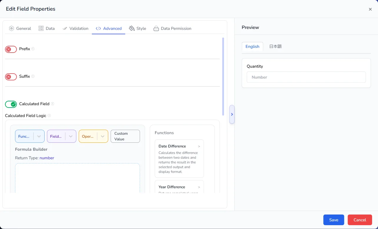 The Formula Builder with the functions list, the generated expression and the Always Recalculate and Calculate Value on server options