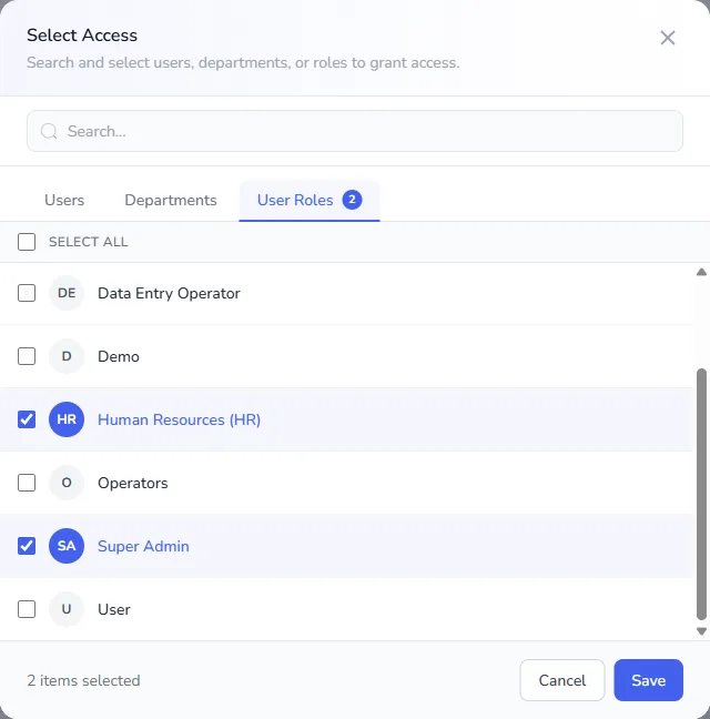 The Select Access window on the User Roles tab, with Human Resources (HR) and Super Admin ticked and 2 items selected