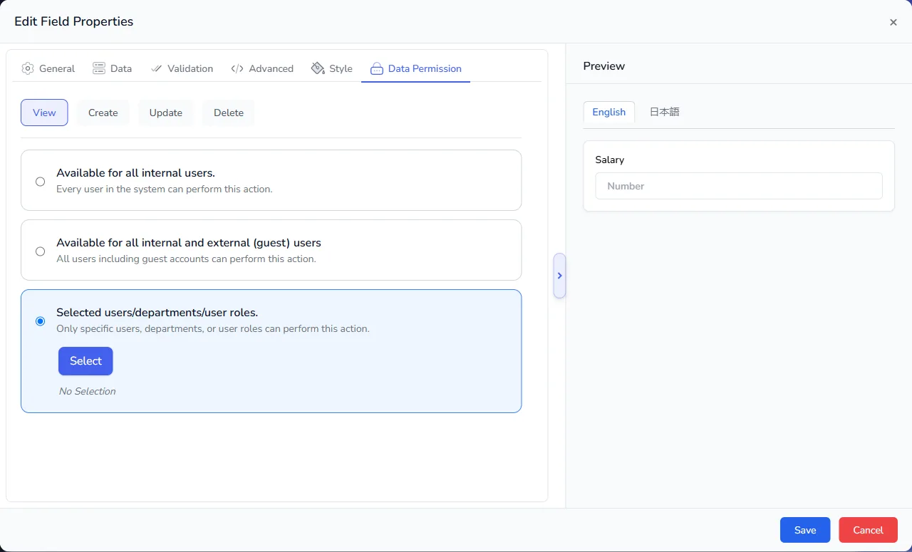 The Data Permission tab with View chosen and the Selected users, departments and user roles option, with its Select button