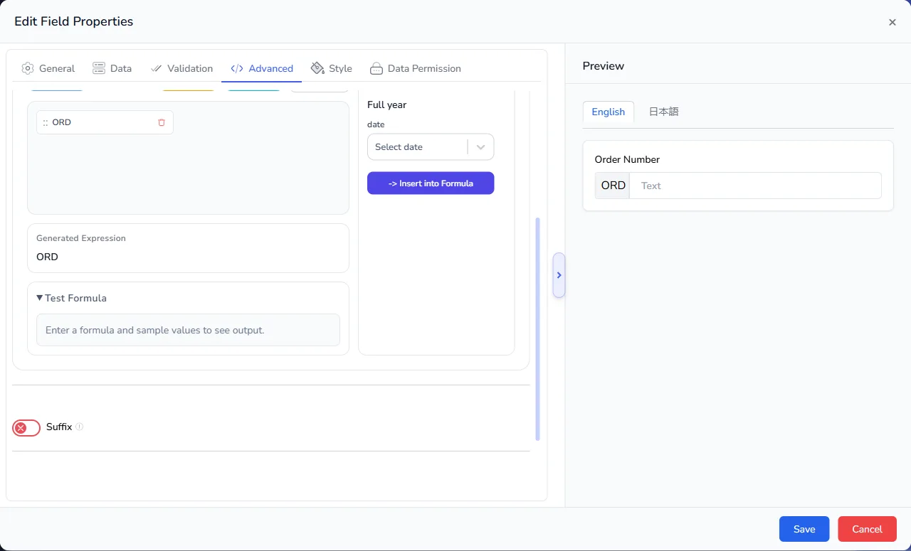 The Prefix/Suffix Builder with a fixed text piece, the generated expression and the preview showing the prefix next to the field