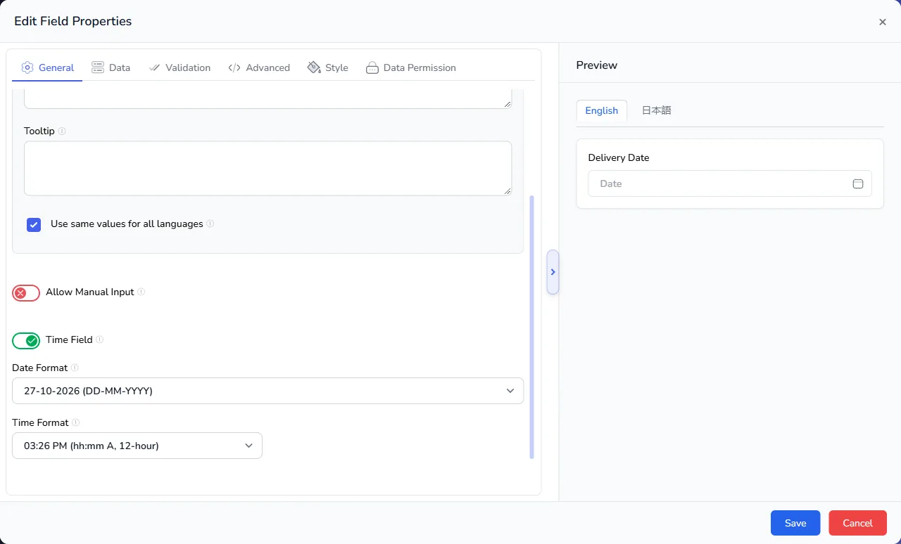 The General tab of a calendar field with Allow Manual Input, Time Field switched on, Date Format and Time Format
