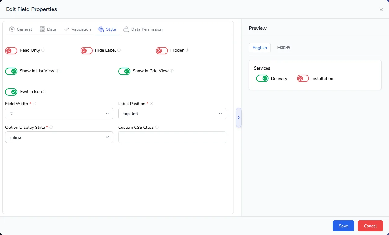 The Style tab of a checkbox with Switch Icon on, and the preview showing Delivery and Installation as on/off switches