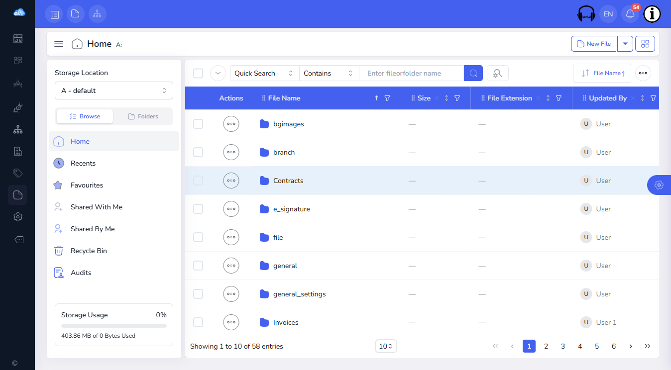 The File Manager home showing folders, the storage location and the Browse and Folders switch