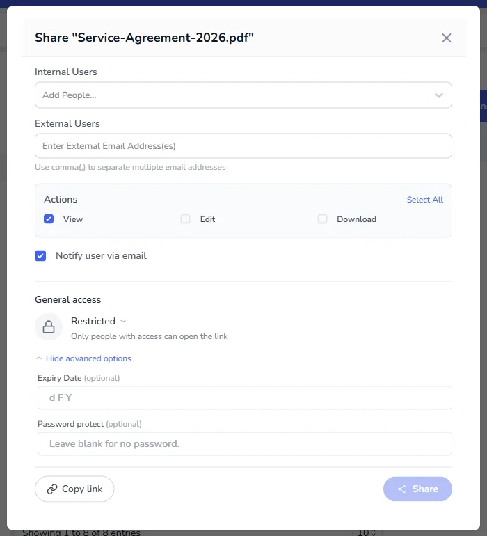 The Share window with Internal Users, External Users, View, Edit and Download options, an email notification checkbox, general access set to Restricted, and expiry date and password fields under Advanced options