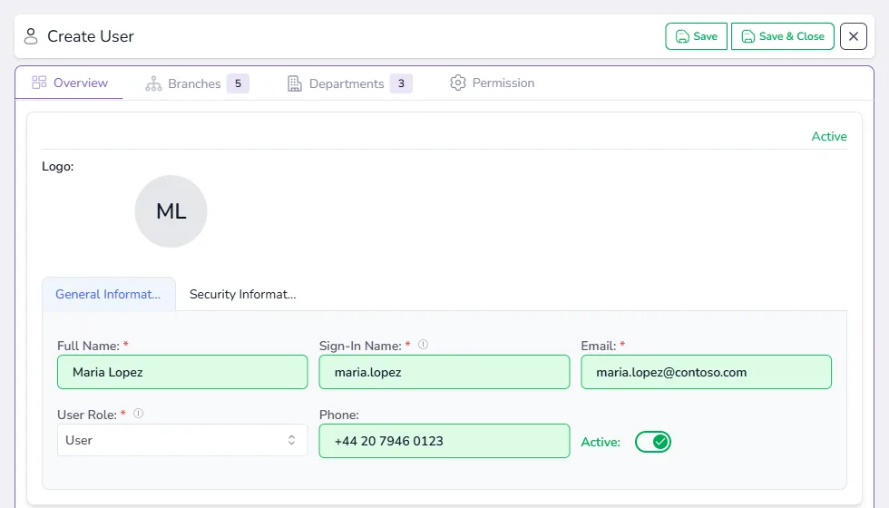 The Create User panel with the full name, sign-in name, email, user role and phone filled in