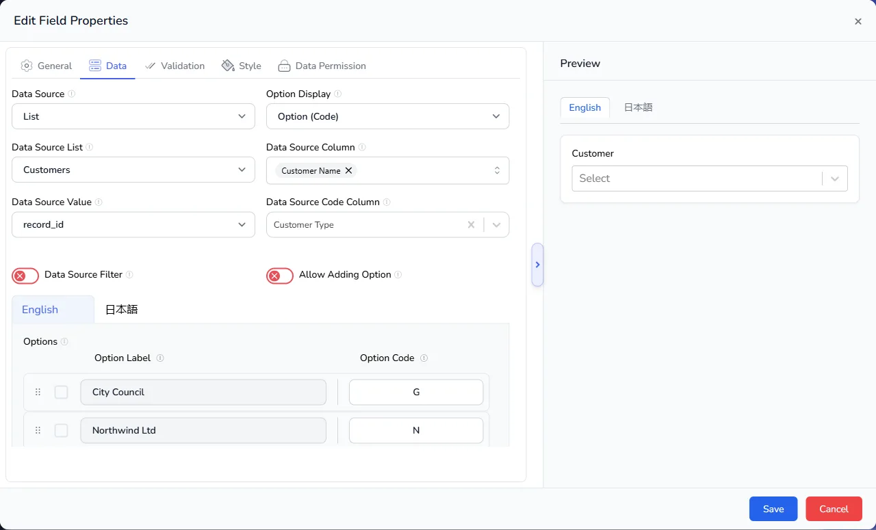 The Customer drop-down fed from the Customers list, with the Data Source Code Column set to Customer Type and the options showing City Council with code G and Northwind Ltd with code N