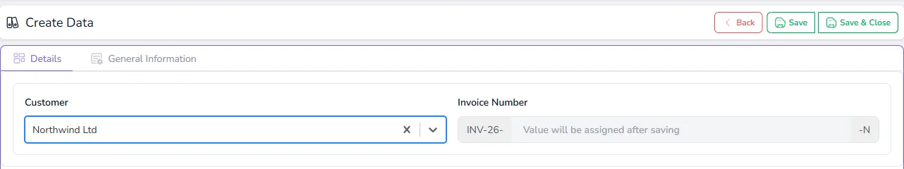 The Create Data form with Northwind Ltd chosen and the Invoice Number showing INV-26-, the note that the value will be assigned after saving, and -N