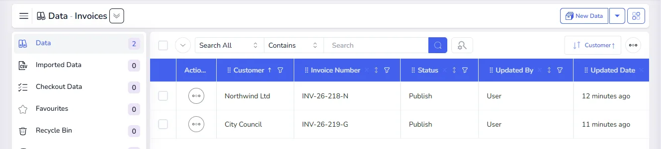 The Invoices list with two records: Northwind Ltd with INV-26-218-N and City Council with INV-26-219-G