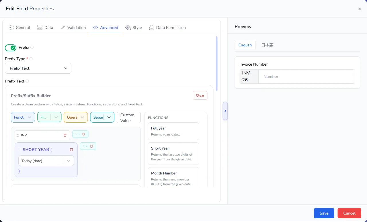 The prefix builder with INV, a hyphen, Short Year of Today and a hyphen, and the preview showing INV-26- in front of the Invoice Number
