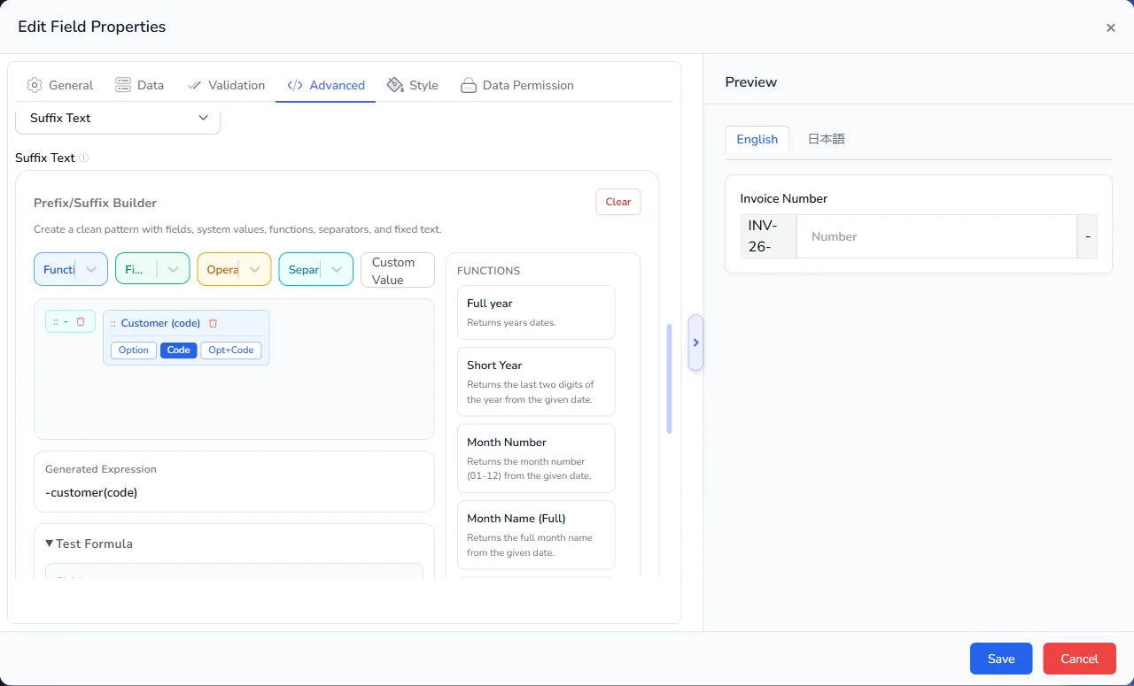 The suffix builder with a hyphen and the Customer field set to Code, and the generated expression -customer(code)