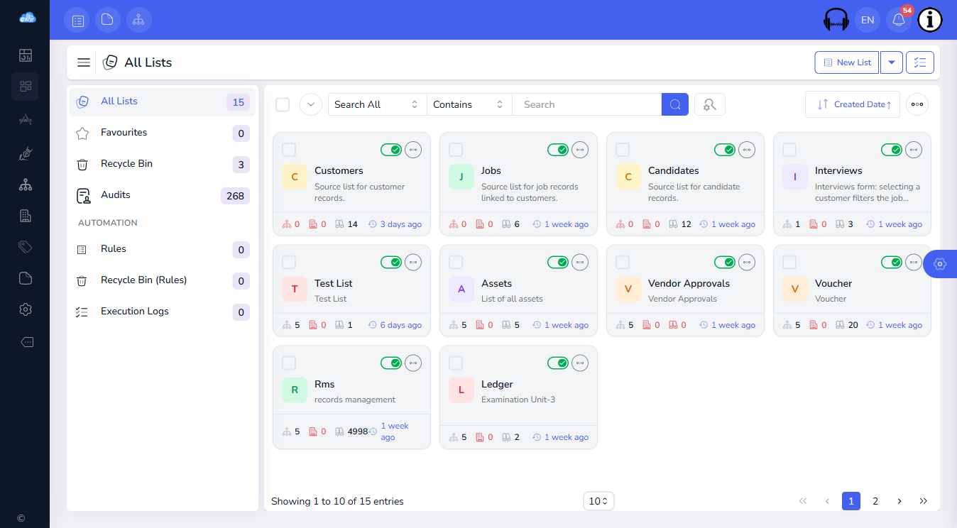 The All Lists page showing list cards such as Customers, Jobs and Vendor Approvals