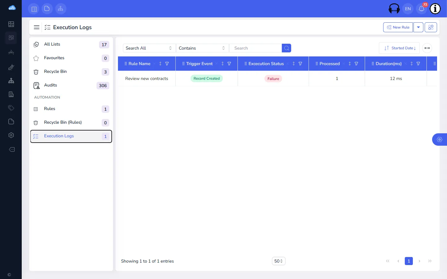 The Execution Logs page, showing one run of a rule