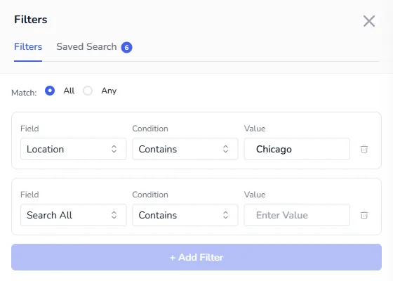 The Filters panel with a Location contains Chicago condition, a second empty row and Match set to All