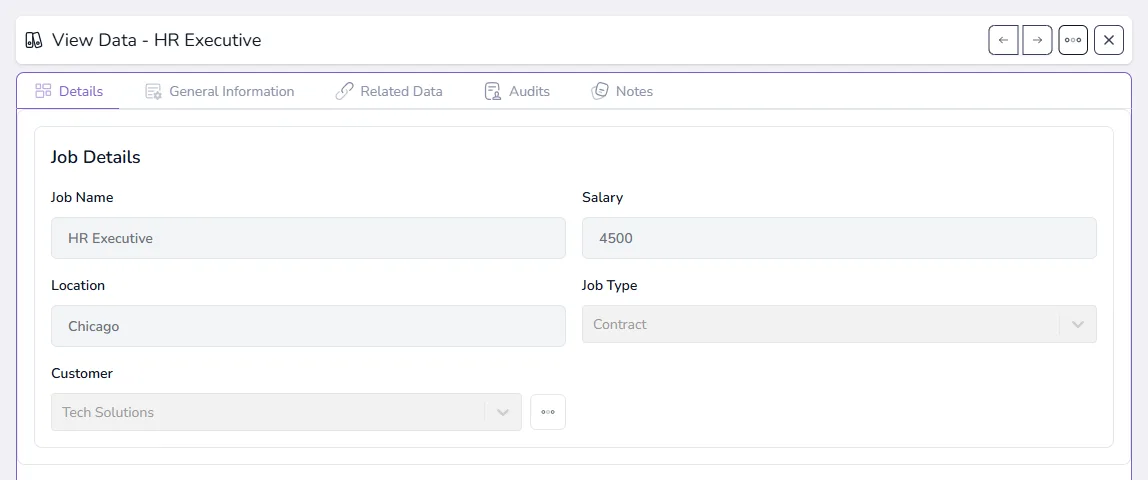 The View Data panel showing a job record with its details, and tabs for General Information, Related Data, Audits and Notes