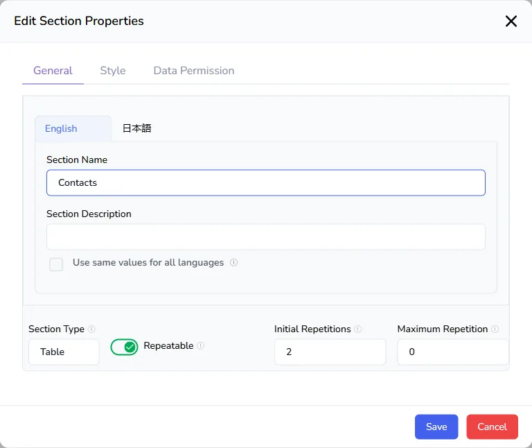 The Edit Section Properties window with the section name, description, section type, the Repeatable switch, and the initial and maximum repetitions