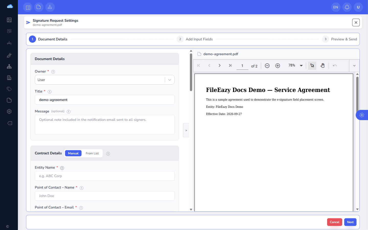 Step 1 — document & signer details