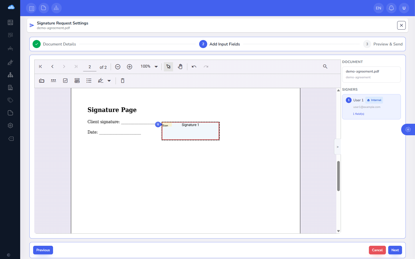 Step 2 — place signature fields