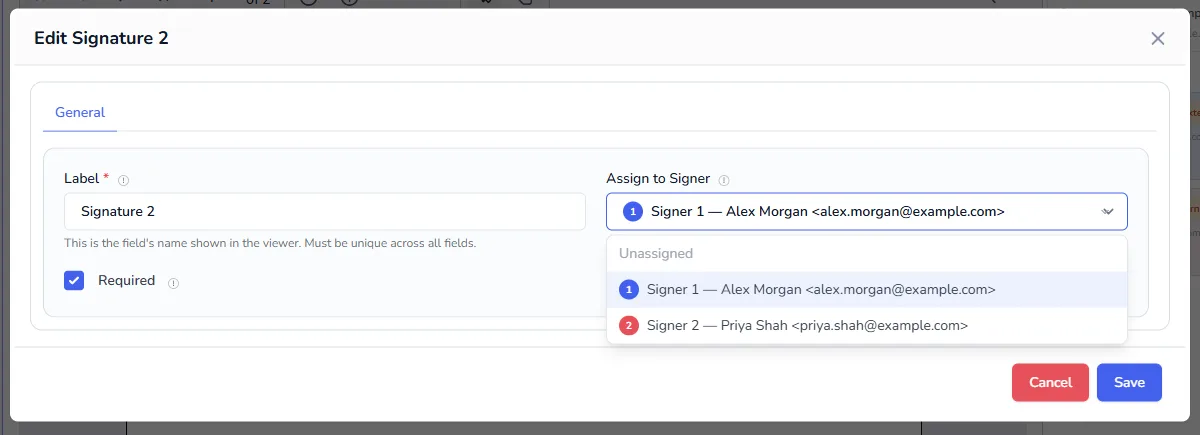 The Edit Signature dialog with the Assign to Signer list showing both signers