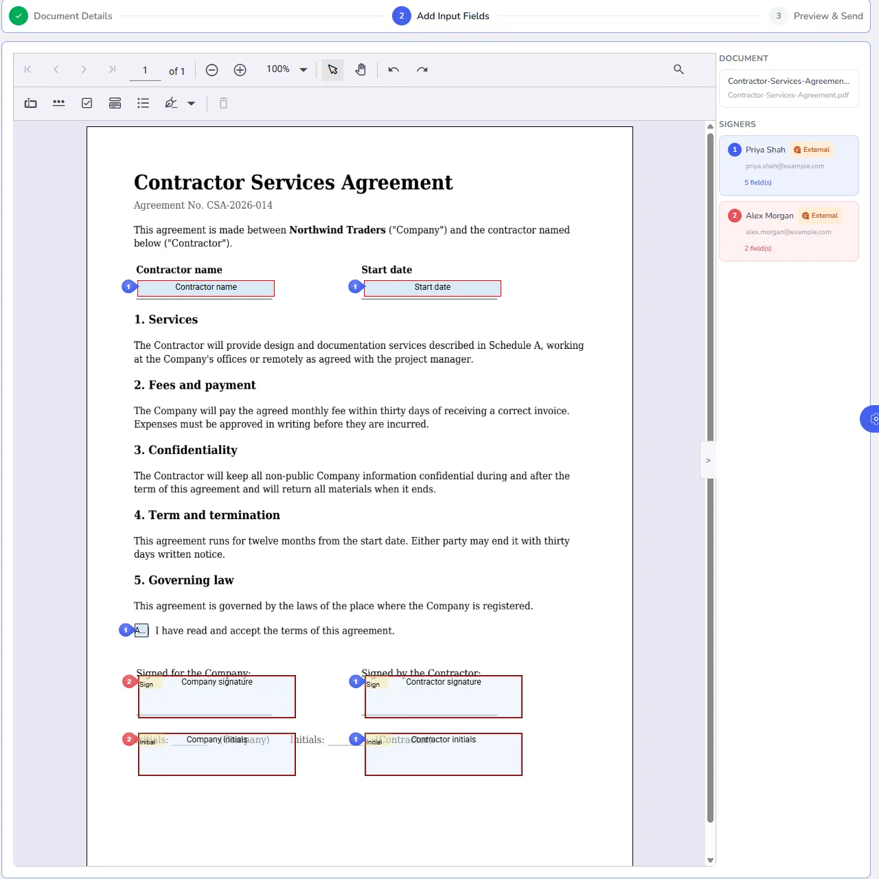 A full-page agreement with text boxes, a checkbox, signature and initial fields placed for two signers, each signer shown in their own colour
