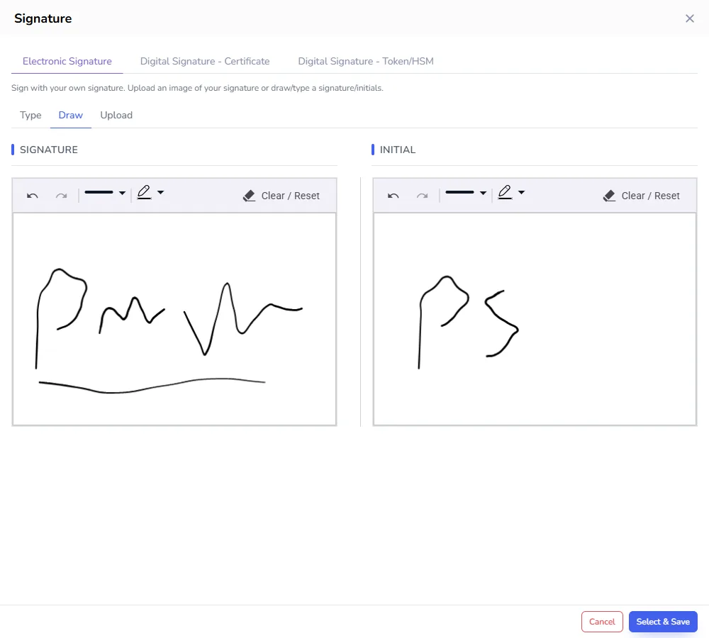 The Draw tab with a hand-drawn signature and initials