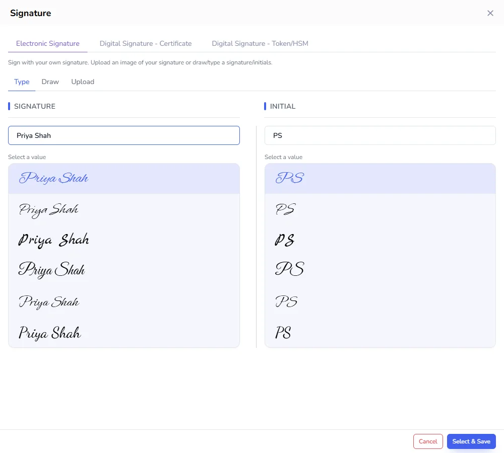 The Type tab: a typed name shown in six handwriting styles, with matching initials beside it