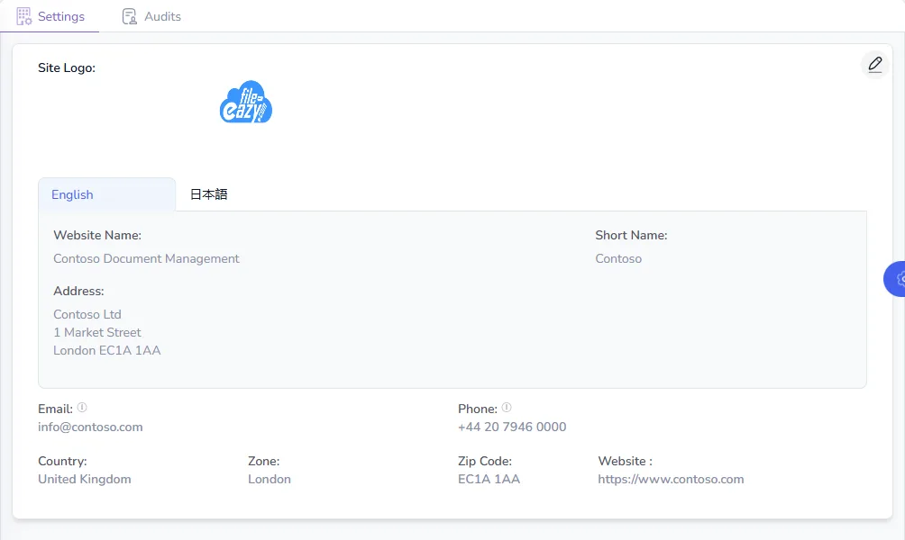 General Settings with the site logo, website name, short name, address, email, phone, country, zone, zip code and website