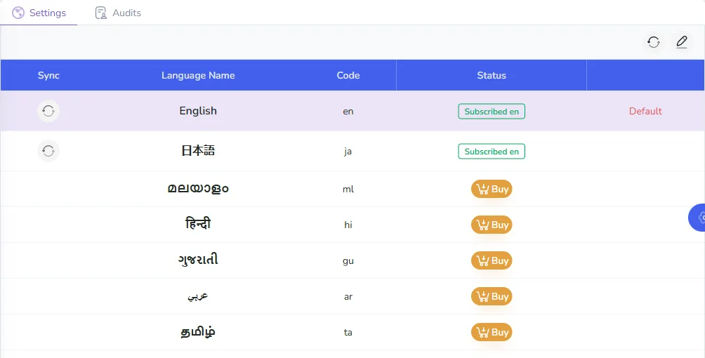 The Languages list with English marked as default, Japanese also subscribed, sync buttons for both, and other languages listed below
