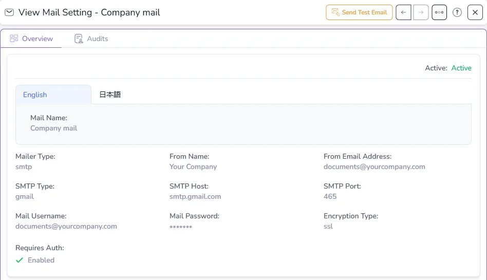 A mail account with its mail name, mailer type, from name and address, SMTP type, host, port, username, password, encryption type and authentication