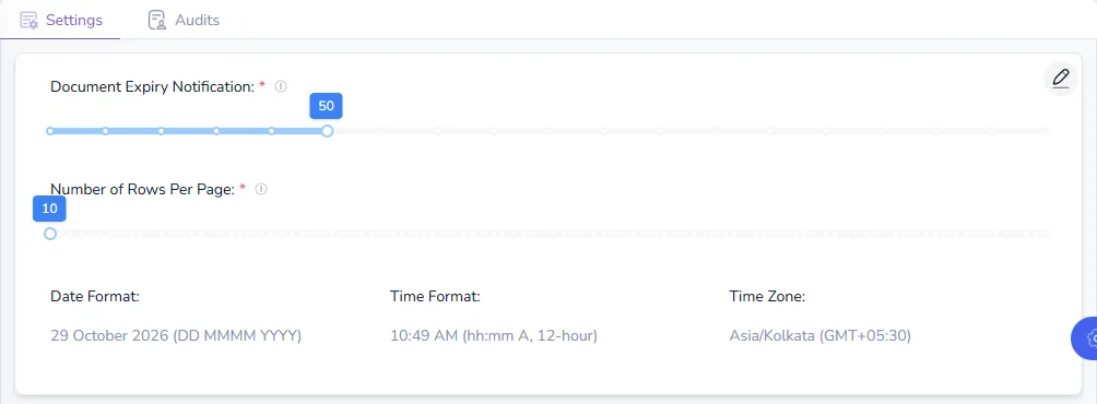 Preference Settings with the document expiry notification and rows per page sliders, and the date format, time format and time zone