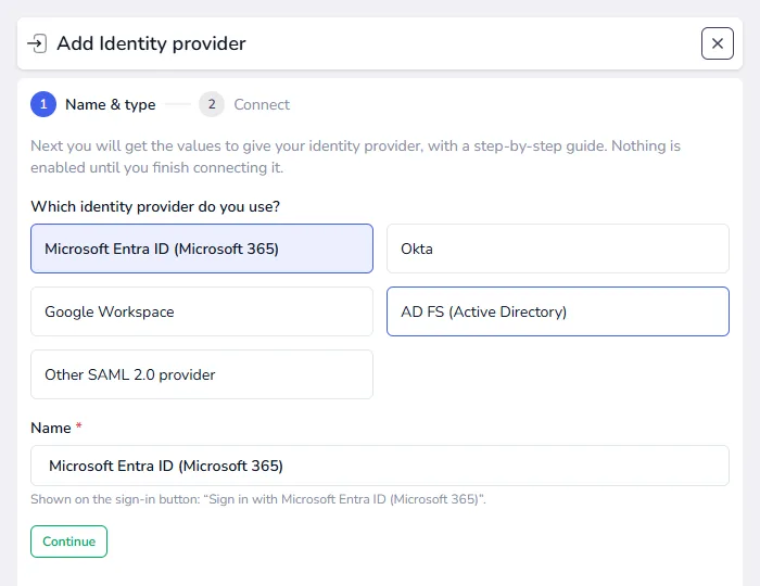 The Add Identity provider panel asking which provider you use, with a name field for the sign-in button