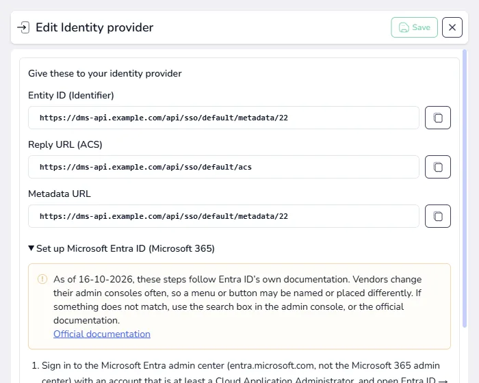 The Set up section opened inside the provider panel, showing step-by-step instructions for Microsoft Entra ID