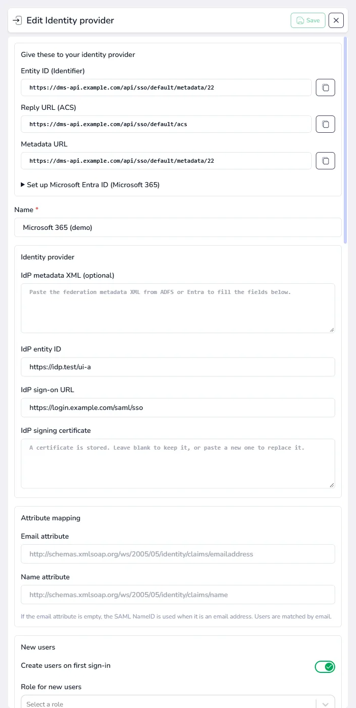 The provider panel showing FileEazy's Entity ID, Reply URL and Metadata URL, the identity provider fields, attribute mapping and the new users settings