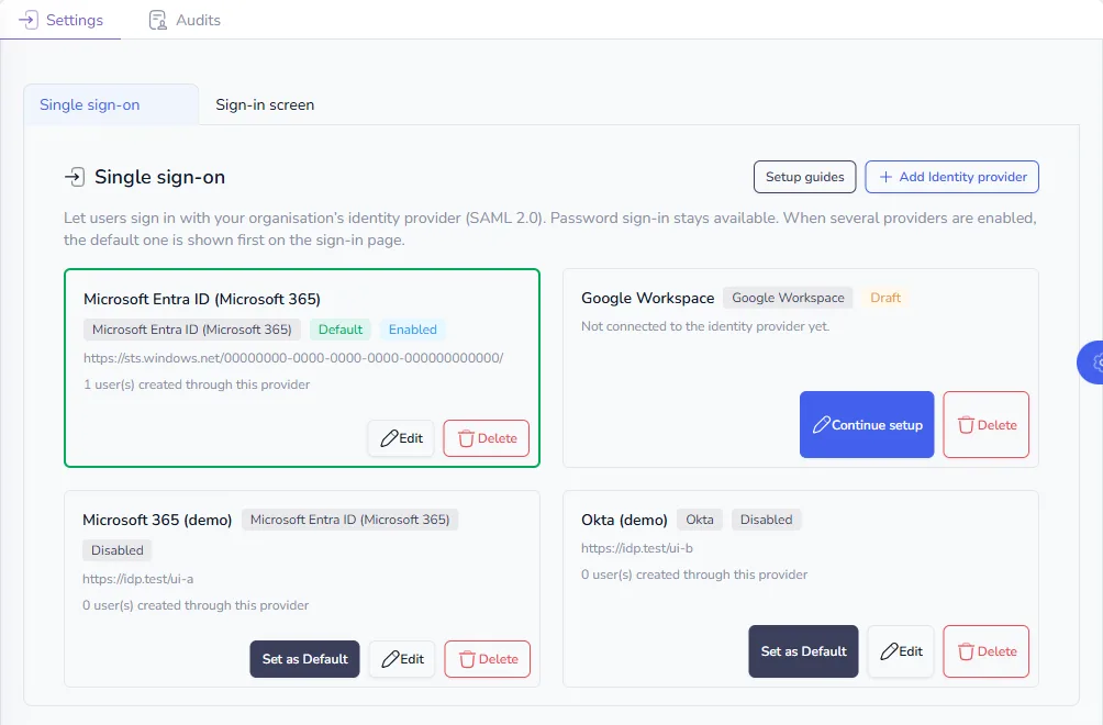 The Single sign-on tab with an enabled default Microsoft Entra ID provider, a draft Google Workspace provider and two disabled providers, with the Setup guides and Add Identity provider buttons